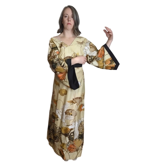 Japanese Style Kimono Maxi Dress Bird Pattern Size XS* 60s-70s - Picture 3 of 17